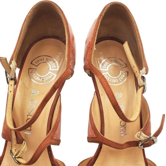 Italy A.Testoni Women's Size 6.5 Salmon pink lizard ostrich Open Toe Heels shoes - Picture 10 of 12